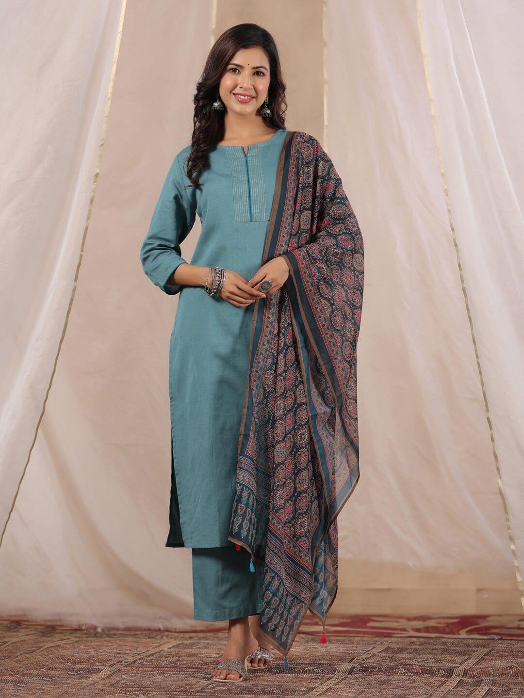 Women Cotton Flex Kurta Set With Chiffon Dupatta - SanskrutiHomes