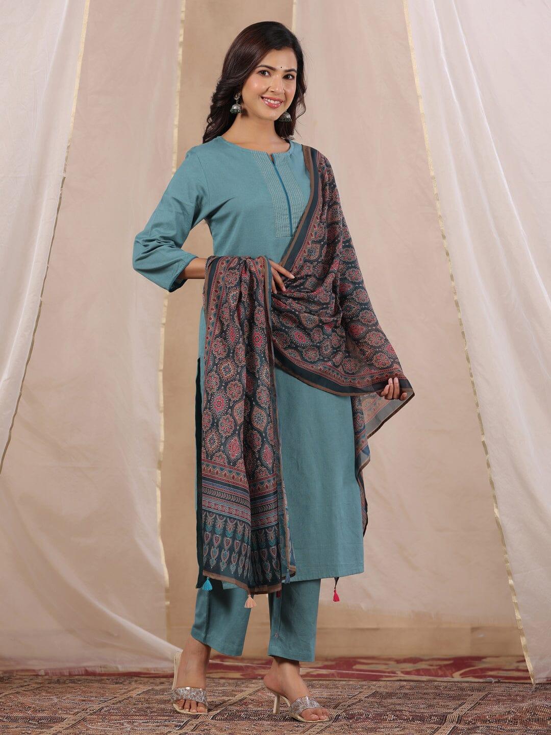 Women Cotton Flex Kurta Set With Chiffon Dupatta - SanskrutiHomes