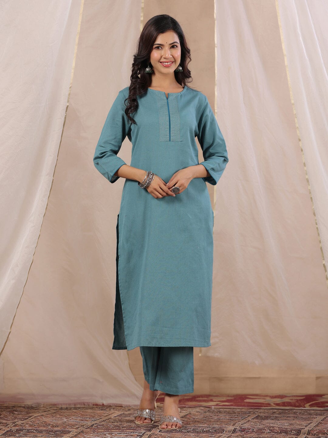 Women Cotton Flex Kurta Set With Chiffon Dupatta Kurti Dupatta set Pant Rangdeep-Fashions