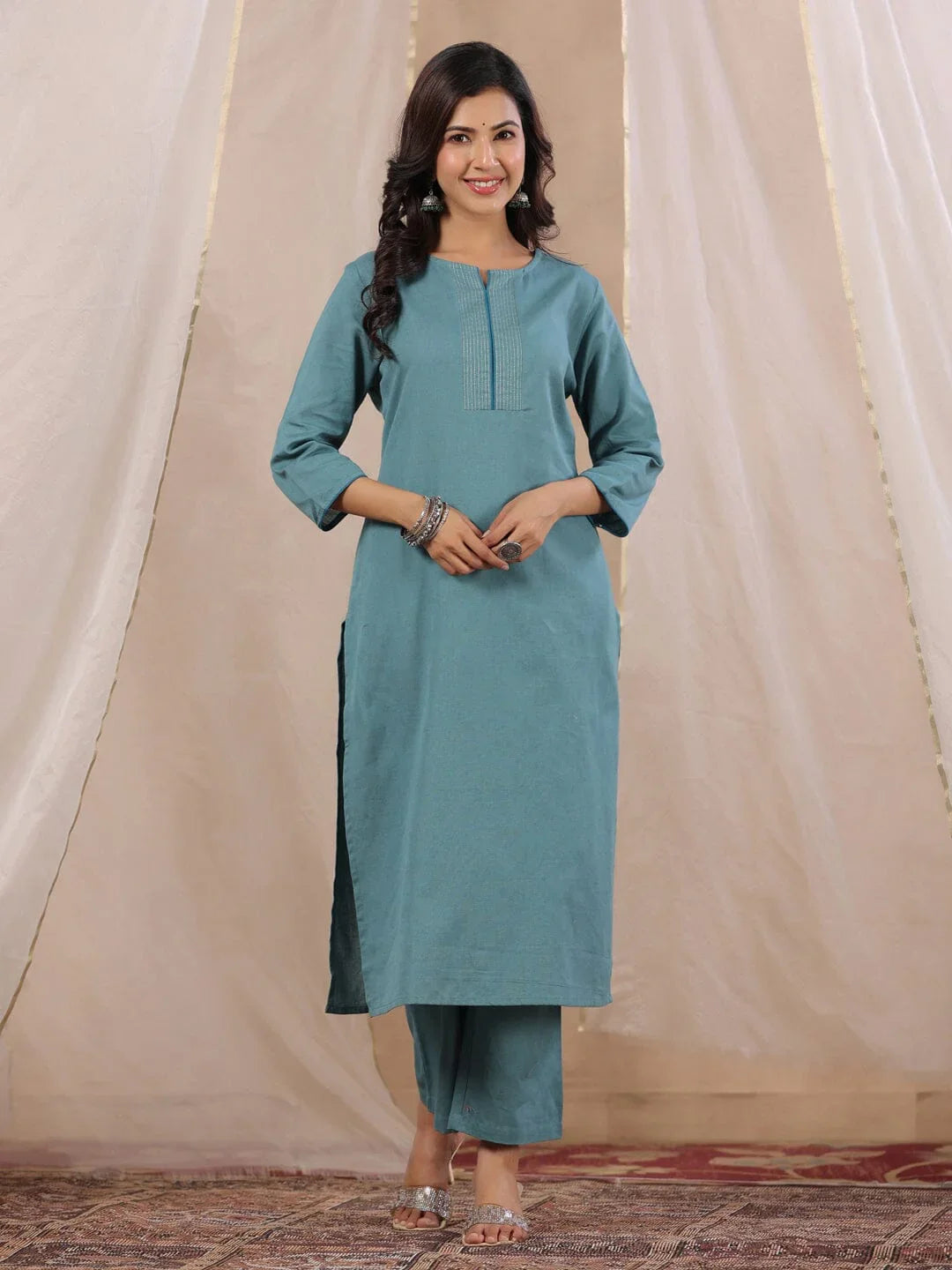 Women Cotton Flex Kurta Set With Chiffon Dupatta - SanskrutiHomes