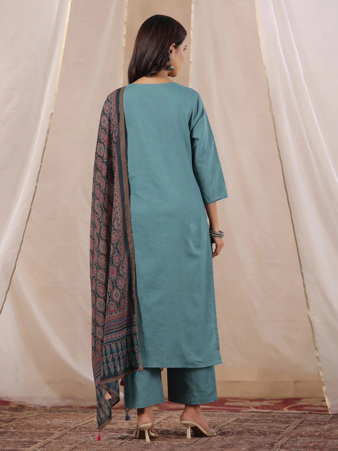 Women Cotton Flex Kurta Set With Chiffon Dupatta - SanskrutiHomes