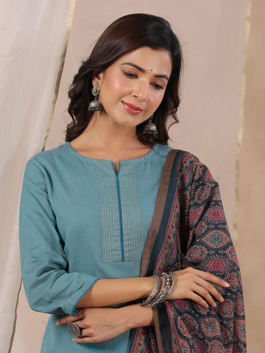 Women Cotton Flex Kurta Set With Chiffon Dupatta - SanskrutiHomes