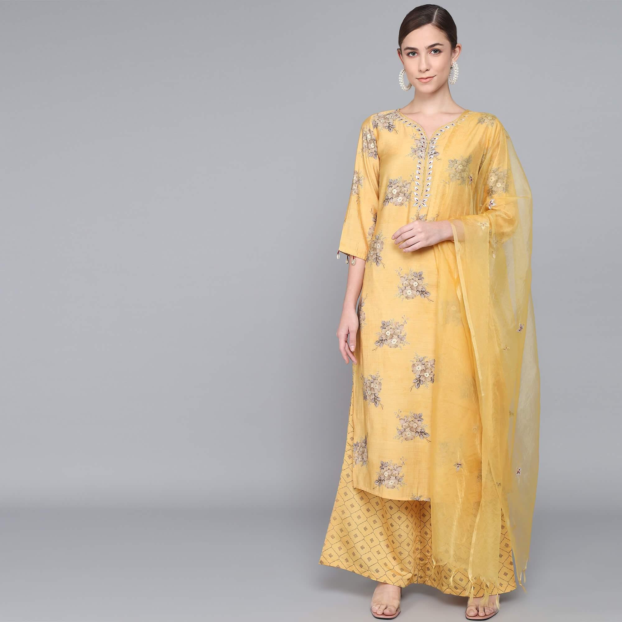 YELLOW MUSLIN WOMEN'S KURTA PAJAMA DUPATTA SET muslin kurta Rangdeep-Fashions