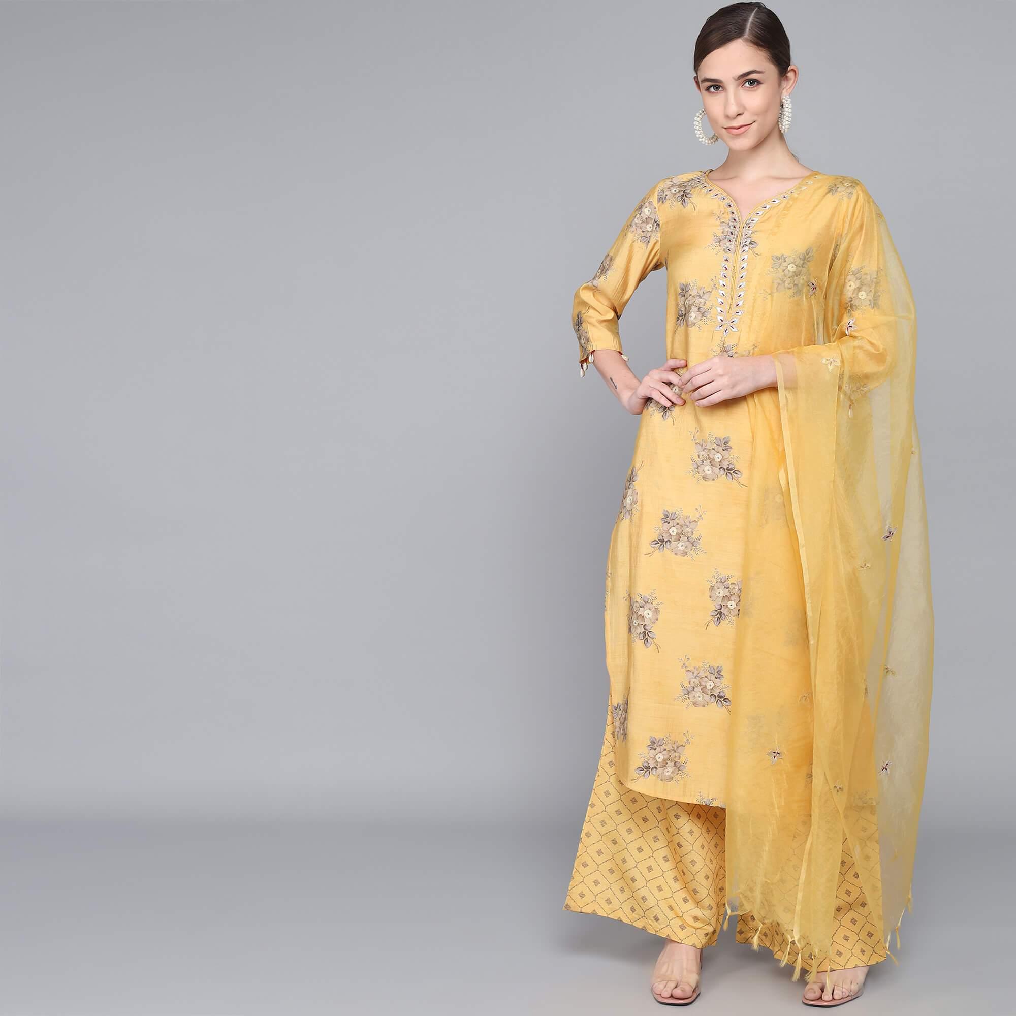 YELLOW MUSLIN WOMEN'S KURTA PAJAMA DUPATTA SET muslin kurta Rangdeep-Fashions