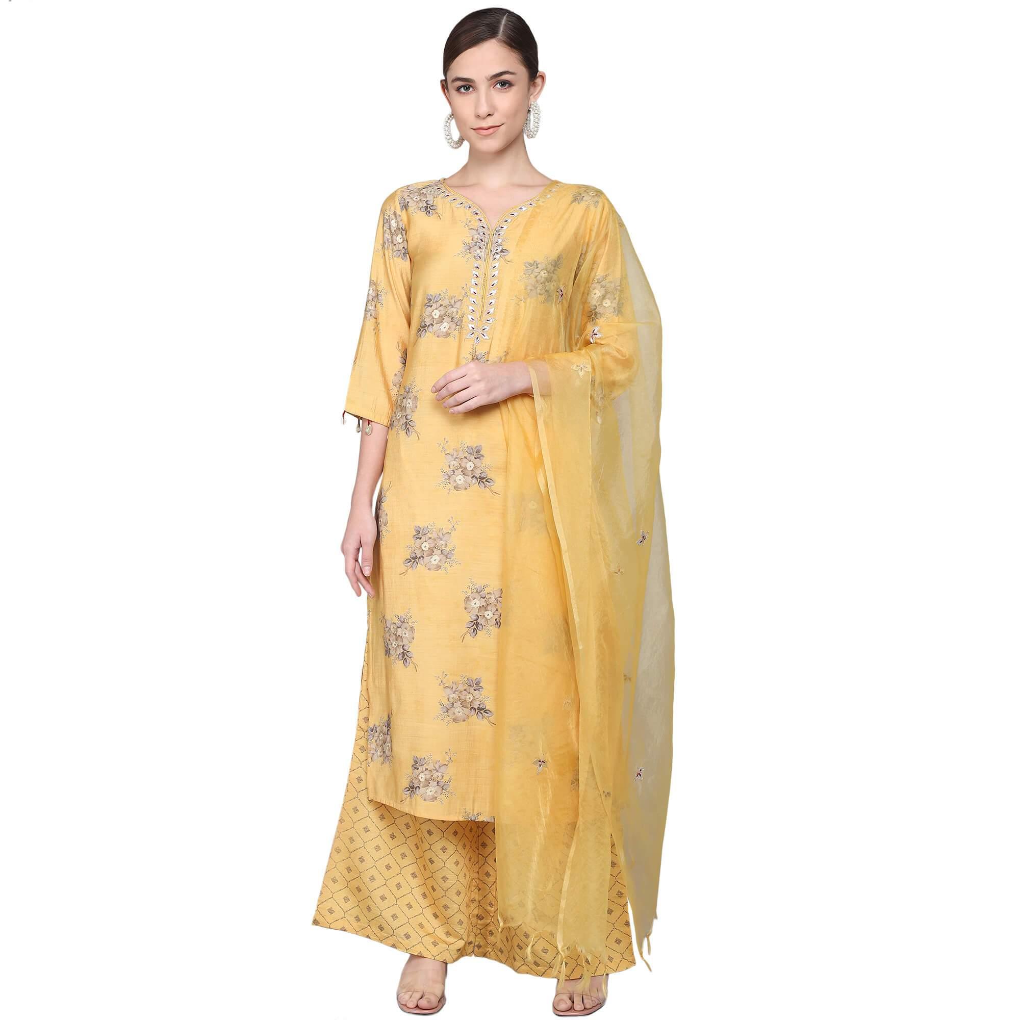 YELLOW MUSLIN WOMEN'S KURTA PAJAMA DUPATTA SET muslin kurta Rangdeep-Fashions
