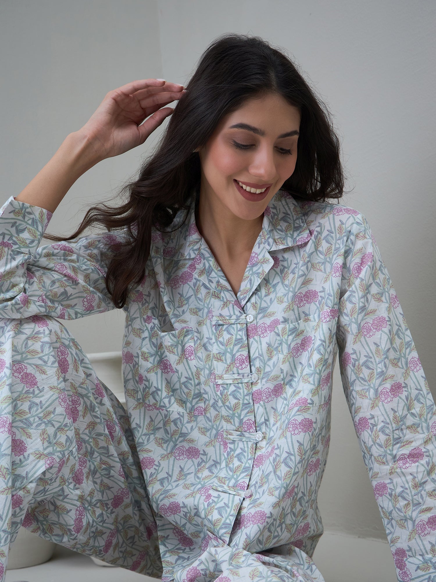 White Floral Printed Shirt Collar Night Suit