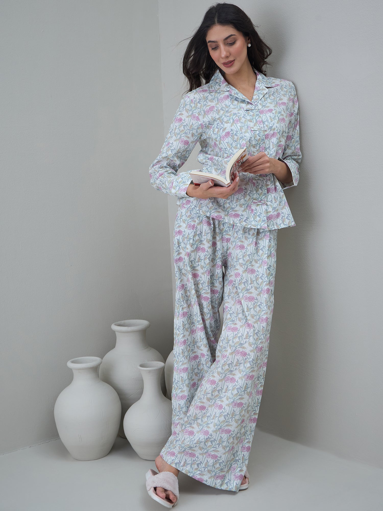 White Floral Printed Shirt Collar Night Suit