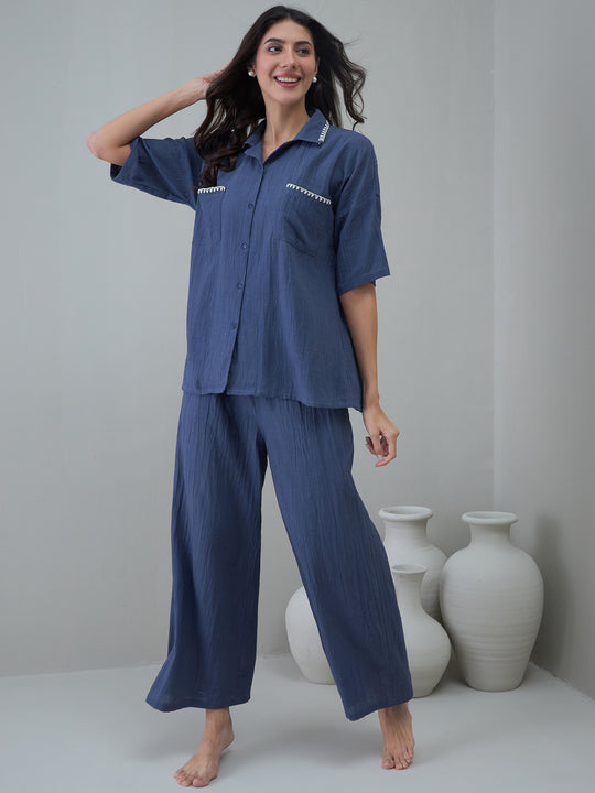 Navy Blue Cotton Shirt Collar Solid Night Suit