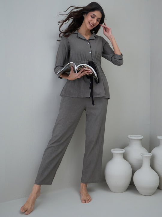 Grey Solid Cotton Night Suit for Women