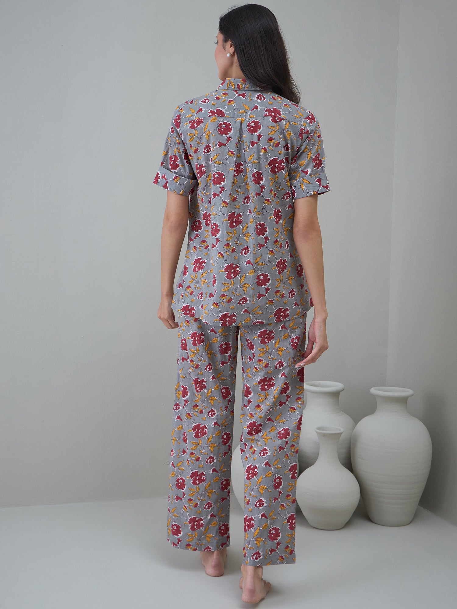 Grey Floral Printed Cotton Night Suit for Women