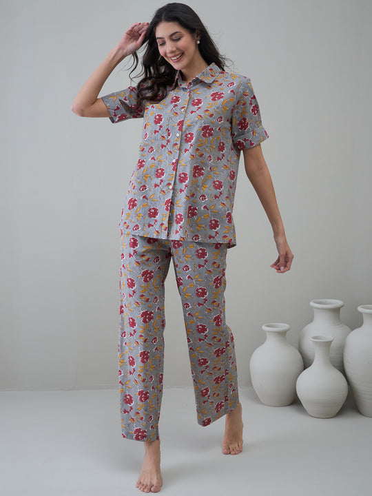 Grey Floral Printed Cotton Night Suit for Women