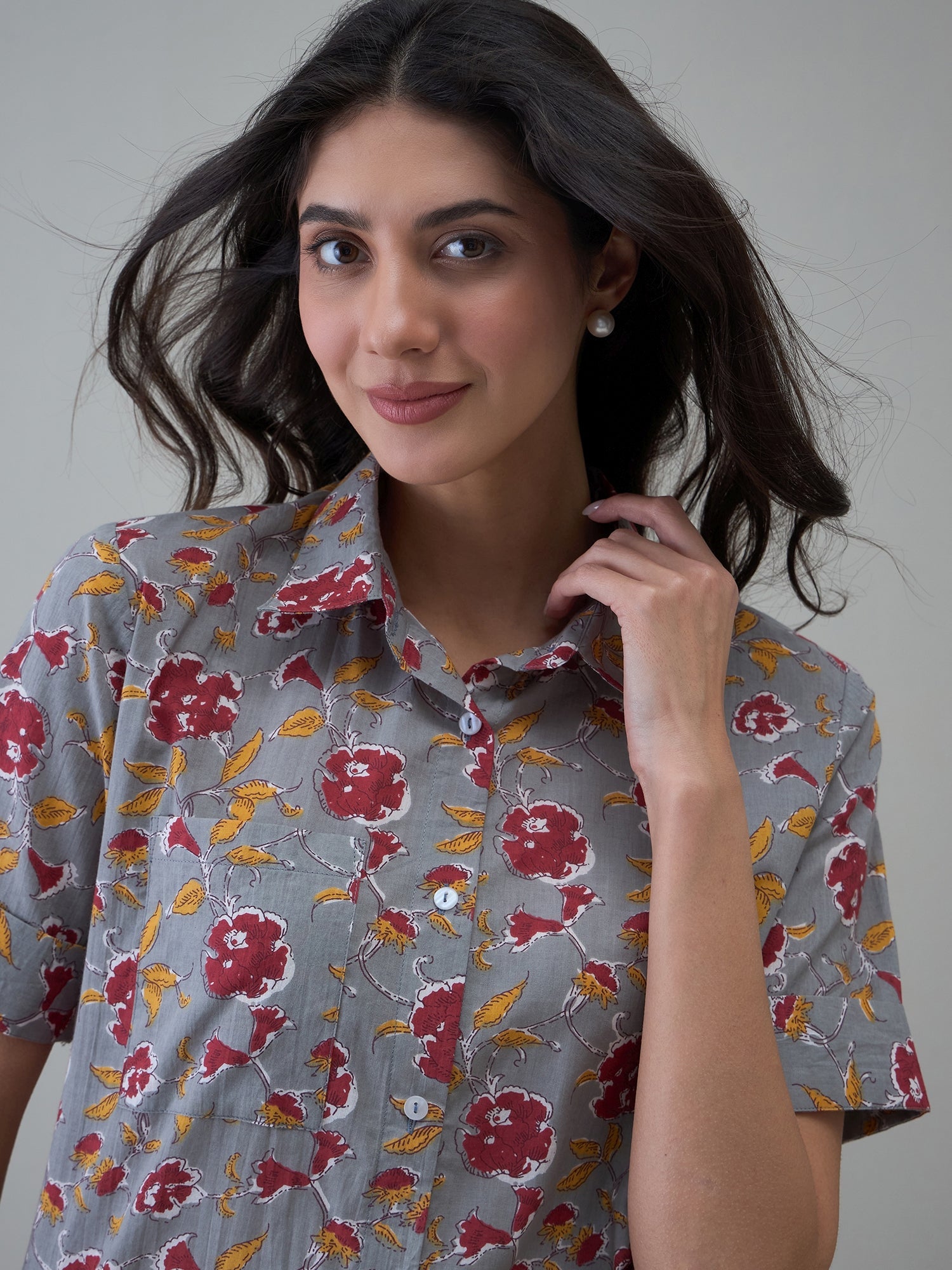 Grey Floral Printed Cotton Night Suit for Women