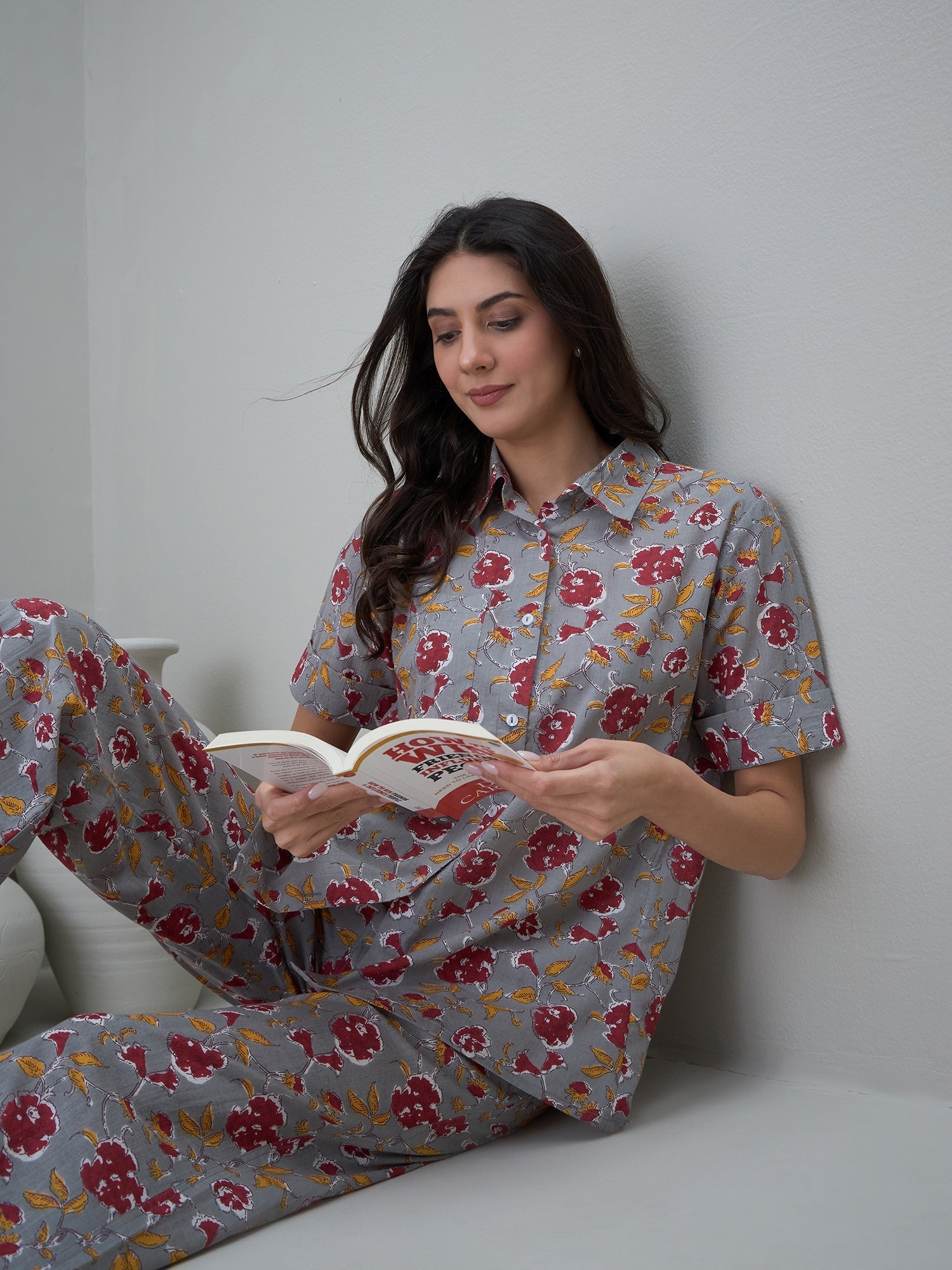 Grey Floral Printed Cotton Night Suit for Women