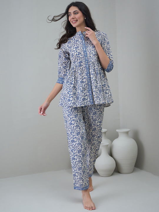 Off White Round Neck Floral Printed Night Suit