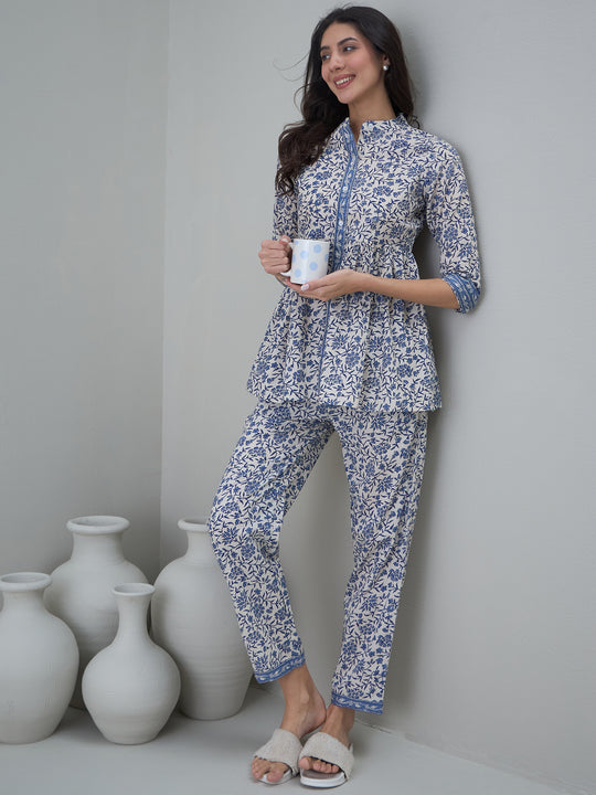 Off White Round Neck Floral Printed Night Suit