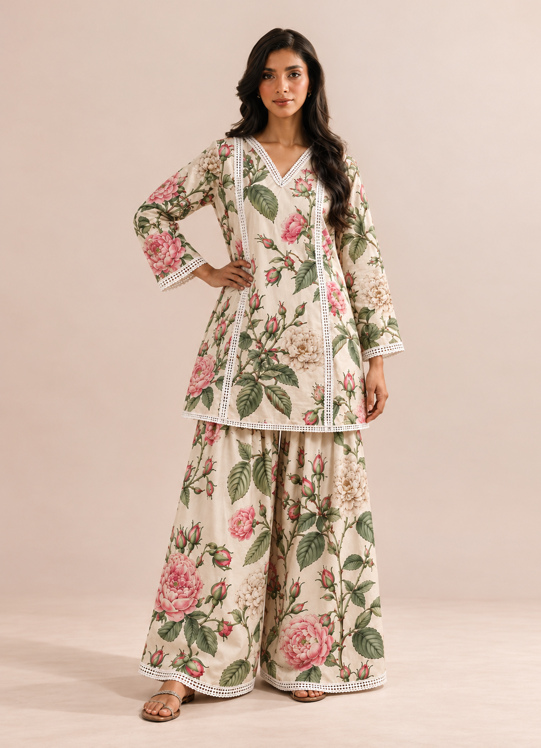 White Floral Print V-Neck Farshi Tunic & Palazzo Co-Ord Set For Women