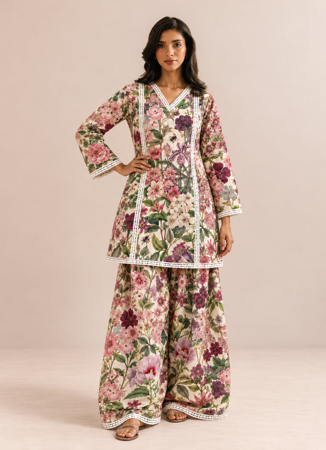 Off-White Multi-Floral Print Farshi Style V-Neck Tunic & Palazzo Co-Ord Set