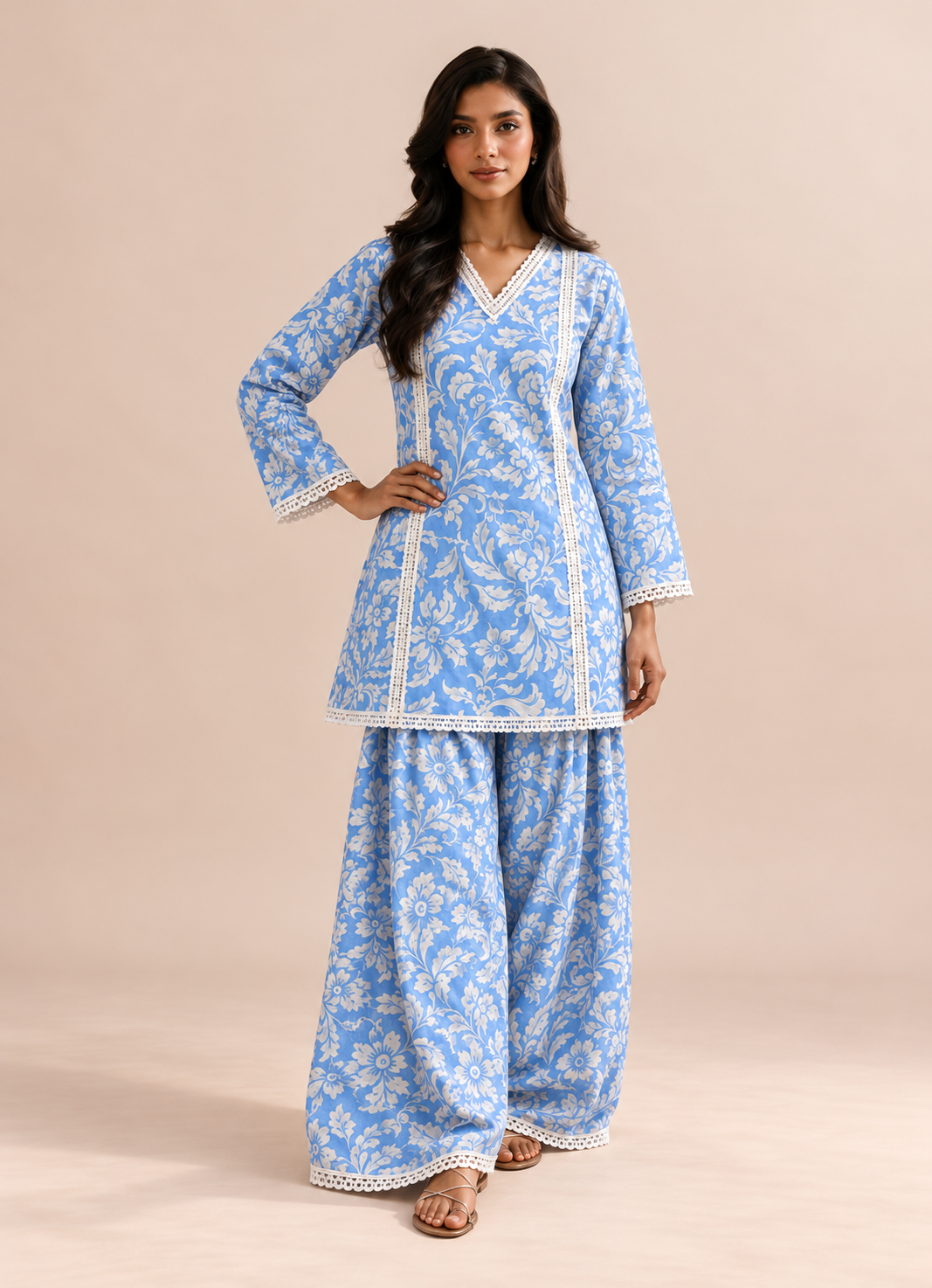 Powder Blue Floral Print  V-Neck Farshi Style Tunic & Palazzo Co-Ord Set For Women