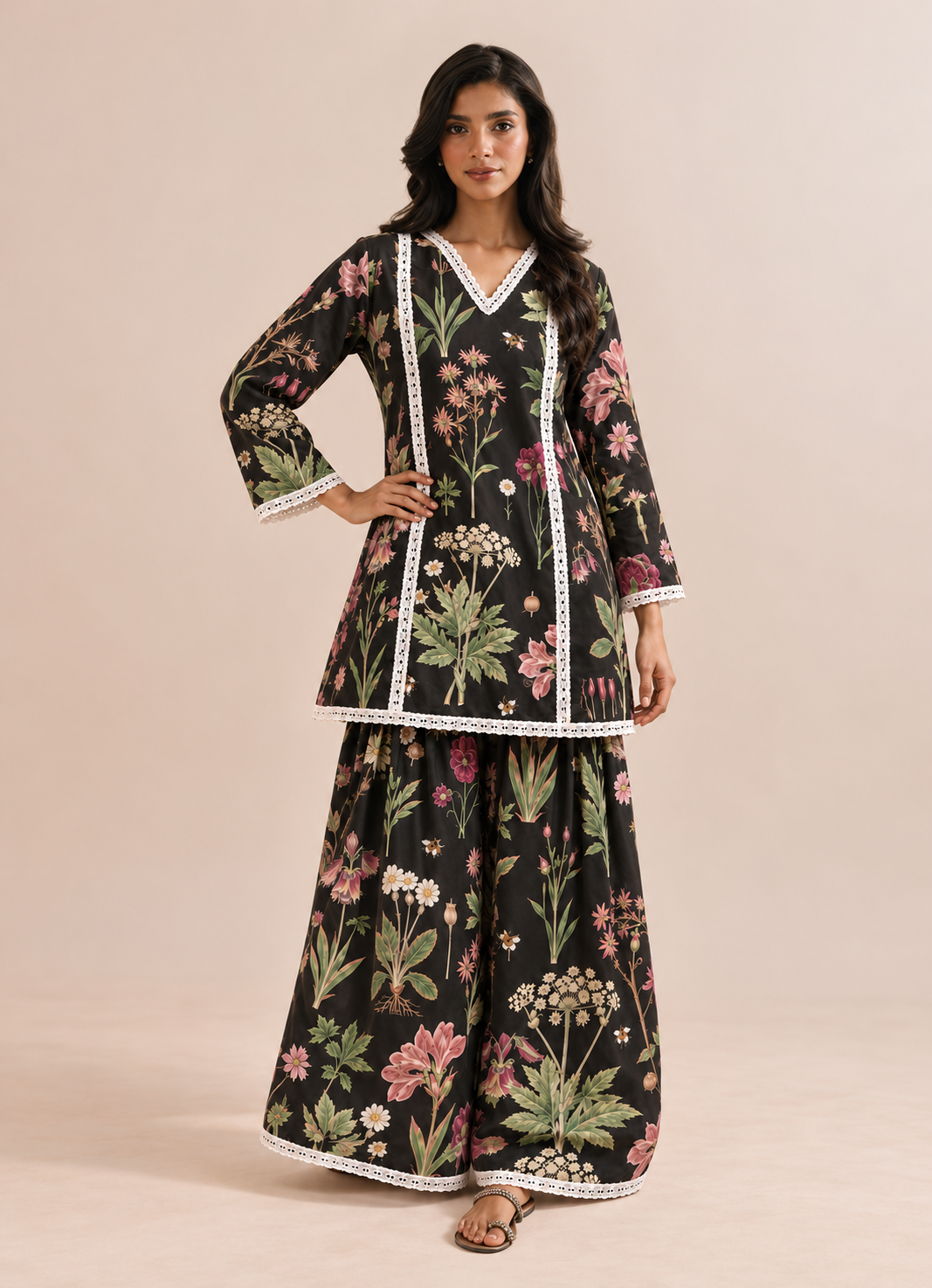 Black Floral Print Farshi Style V-Neck Tunic & Palazzo Co-Ord Set For Women