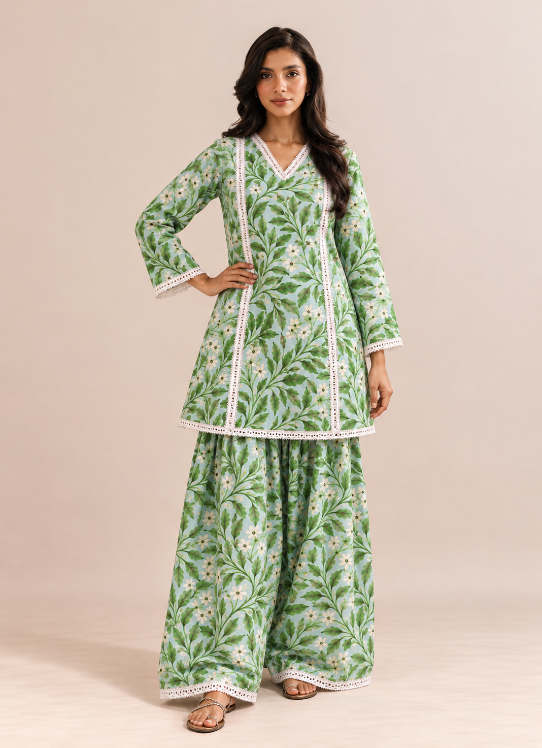 Mint Green Floral & Leaf Print Farshi Style V-Neck Tunic & Palazzo Co-Ord Set For Women