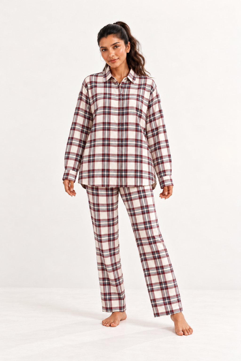 Maroon Shirt Collar Checked Cashmere Winter Night Suit For Women