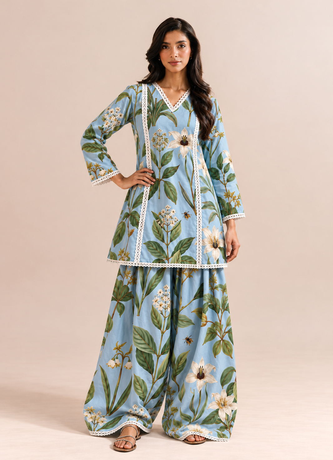 Sky Blue Floral Print Farshi Style V-Neck Tunic & Palazzo Co-Ord Set For Women