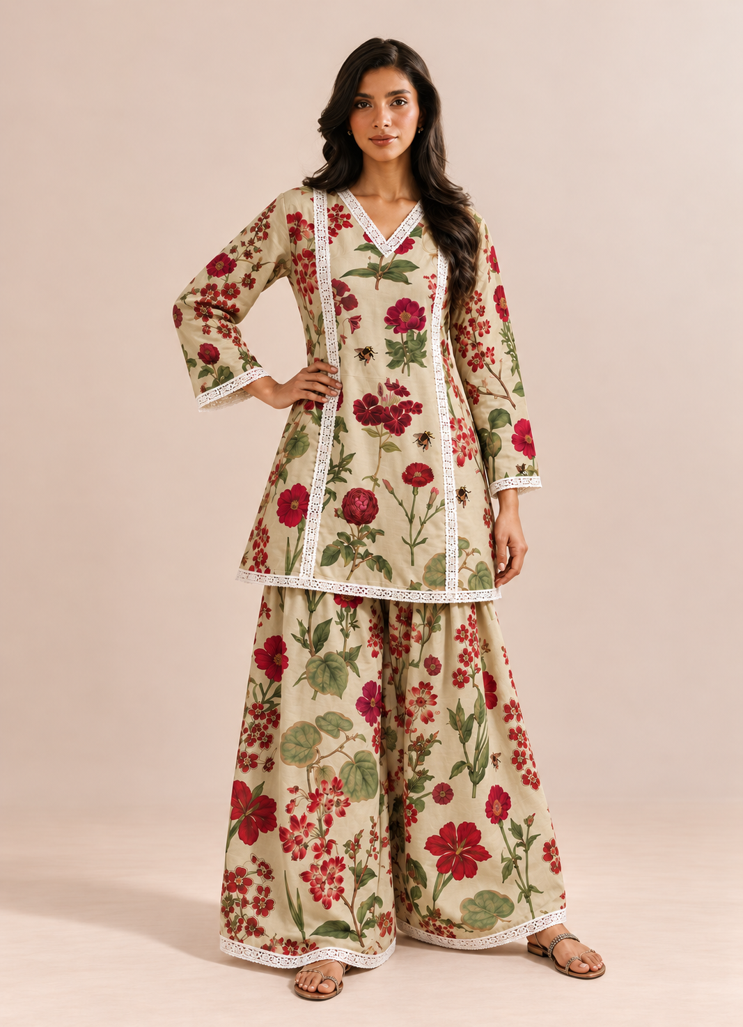 Beige Floral Print  V-Neck Farshi Co-Ord Set For Women