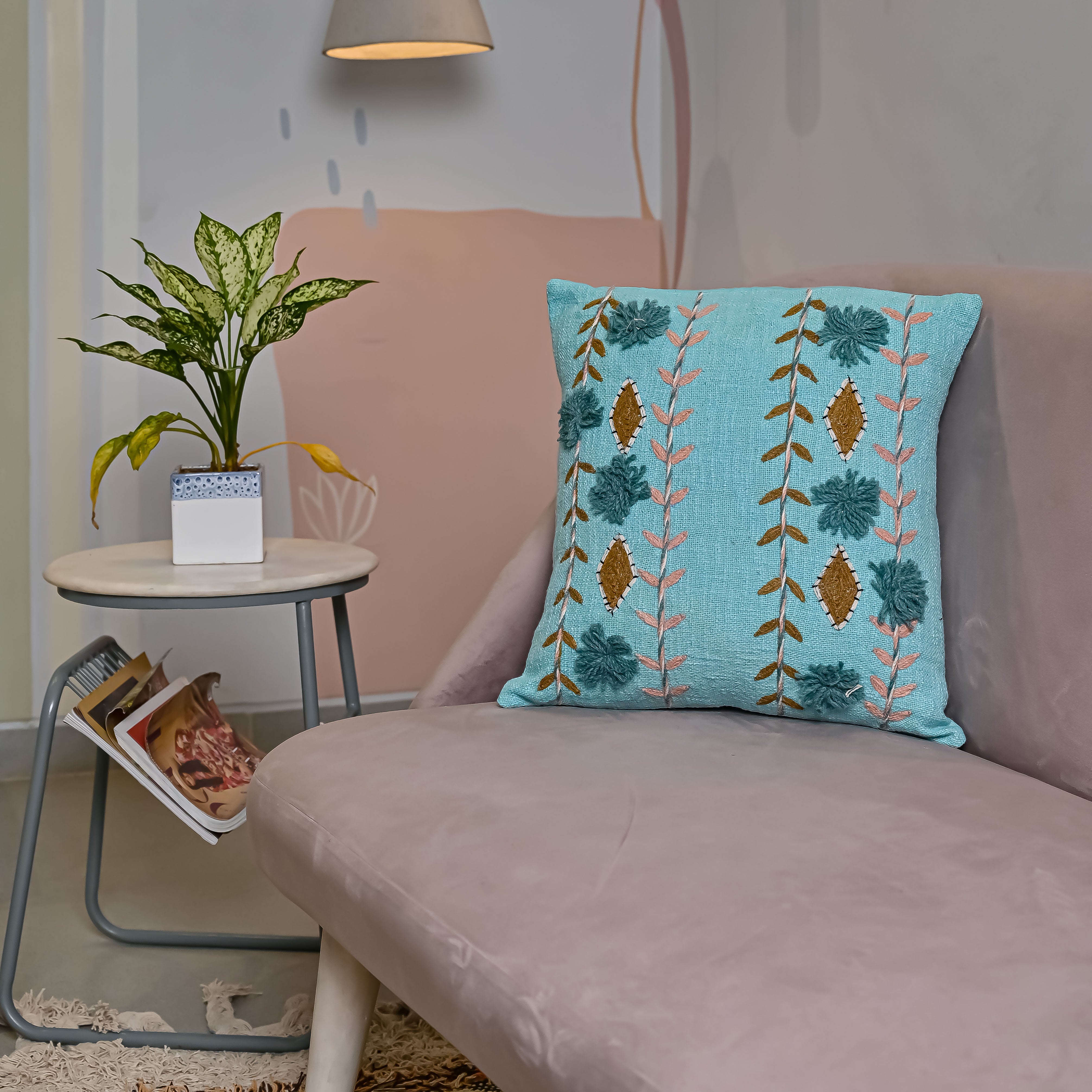 Turquoise Blue Embroidered Cotton Cushion Cover With Floral Motifs