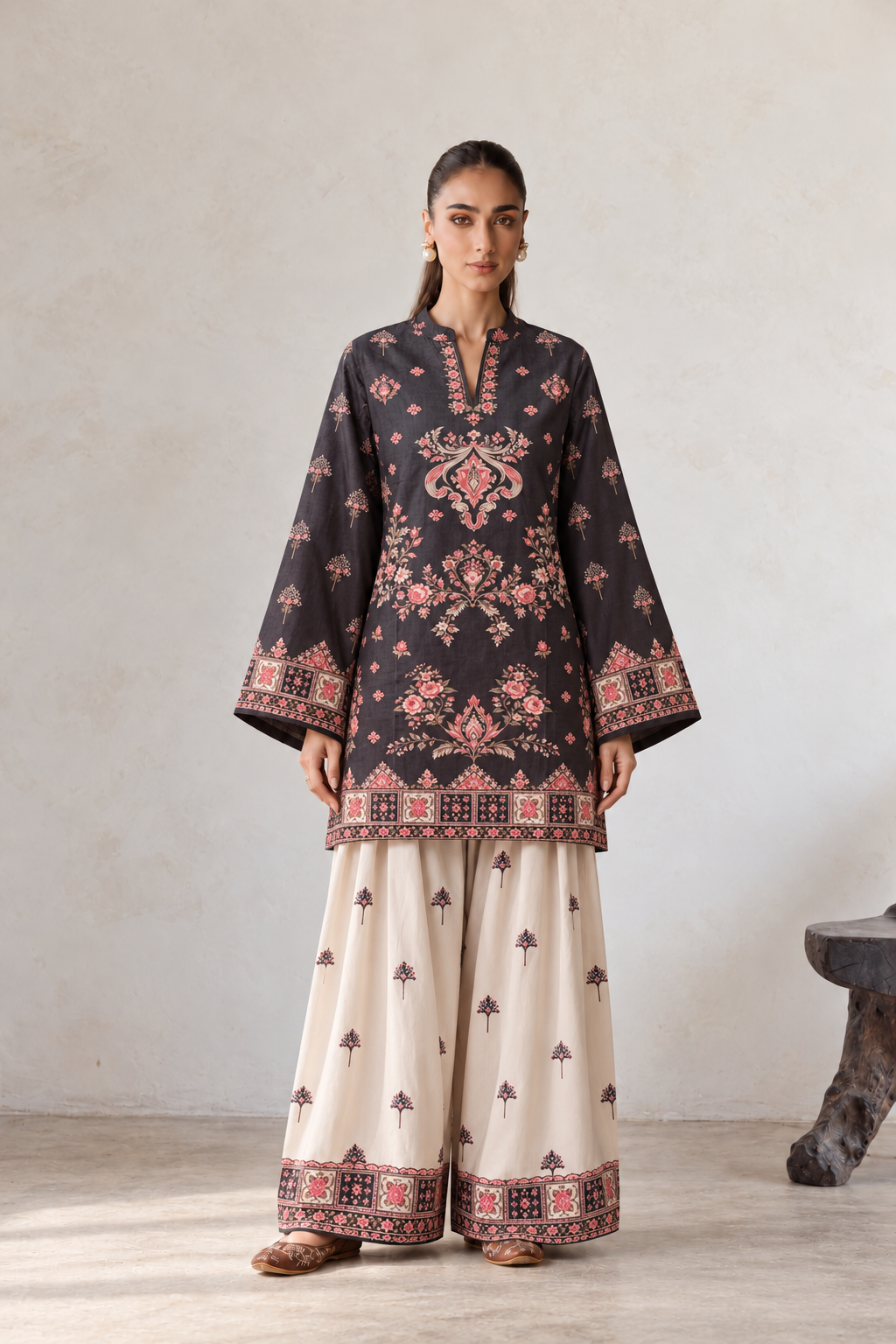 Midnight Black Printed V-Neck Kurta With Wide-Leg Farshi Salwar Co-Ord Set For Women