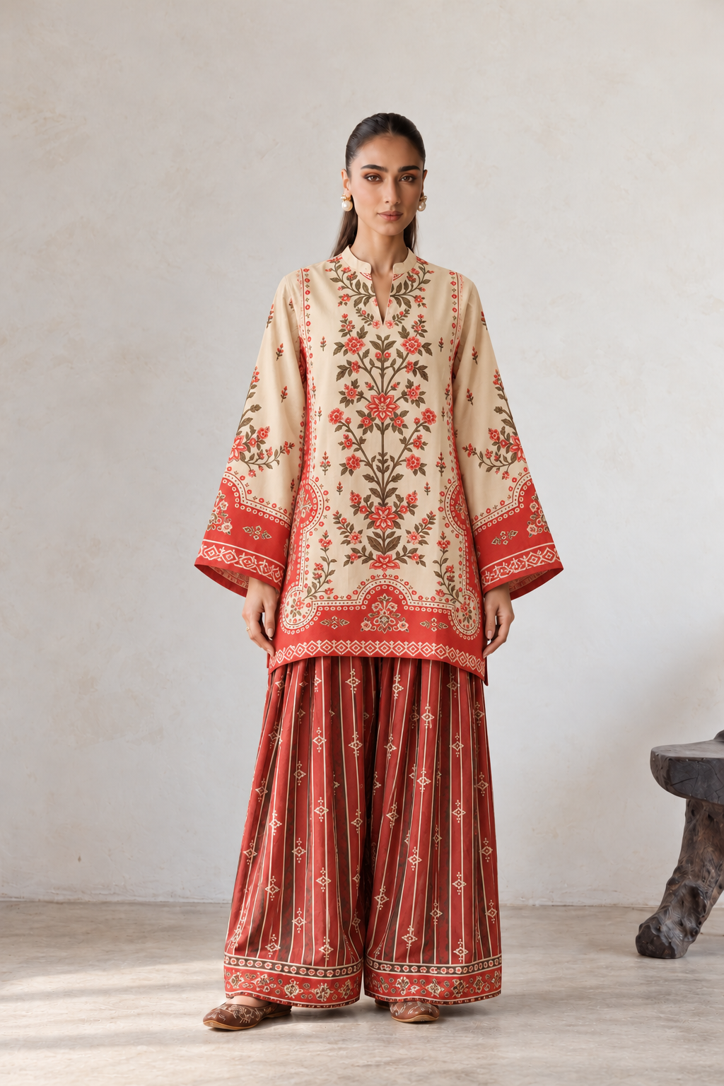 Red Tree Print V-Neck Suit With Striped Farshi Salwar Co-Ord Set For Women