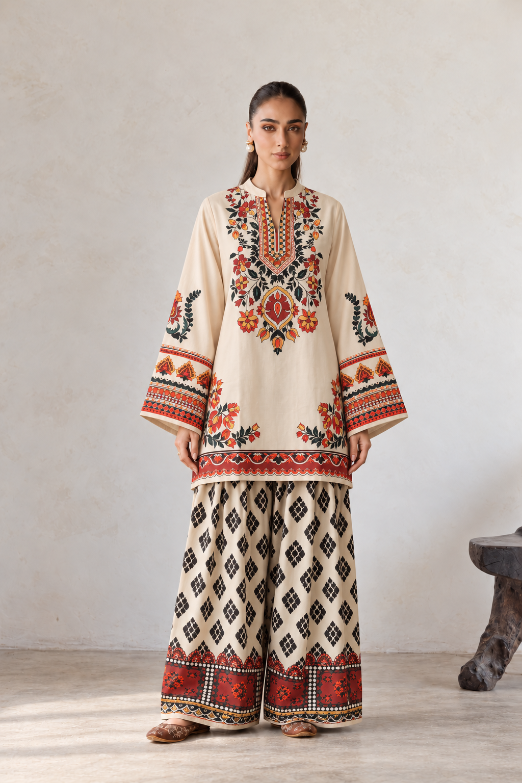Cream & Rust Folk Floral Yoke Suit With Diamond Trellis Farshi Salwar Co-Ord Set For Women