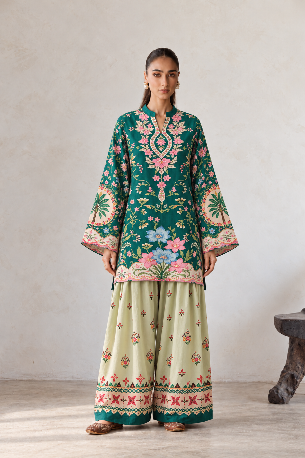 Emerald Green Floral Oasis V-Neck Farshi Salwar Suit Co-ord Set For Women