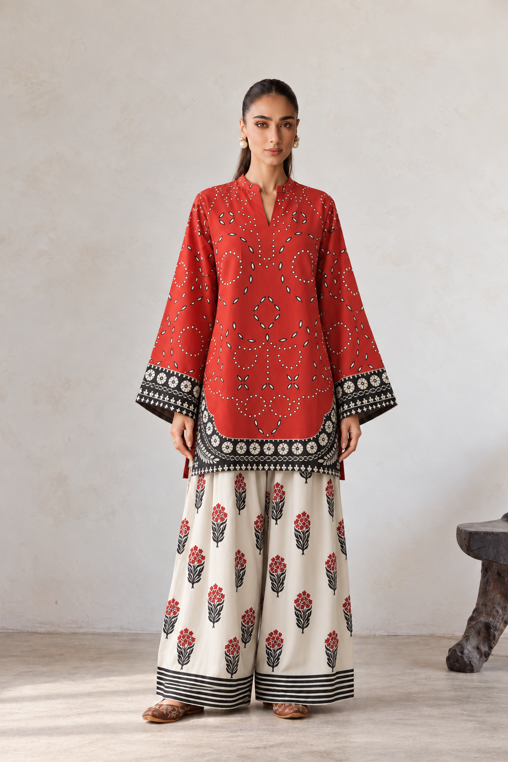 Coral Red V-Neck Floral Print Farshi Salwar Suit Co-Ord Set For Women