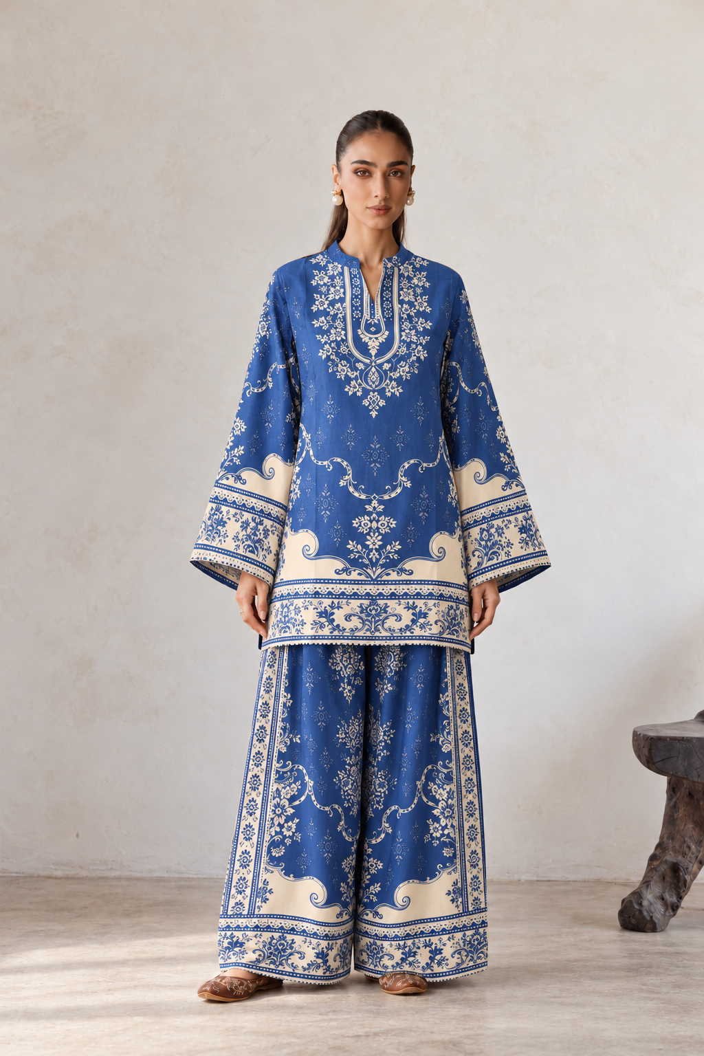 Blue & Ivory Porcelain Arch Print V-Neck Kurta With Flared Farshi Salwar Co-Ord Set For Women