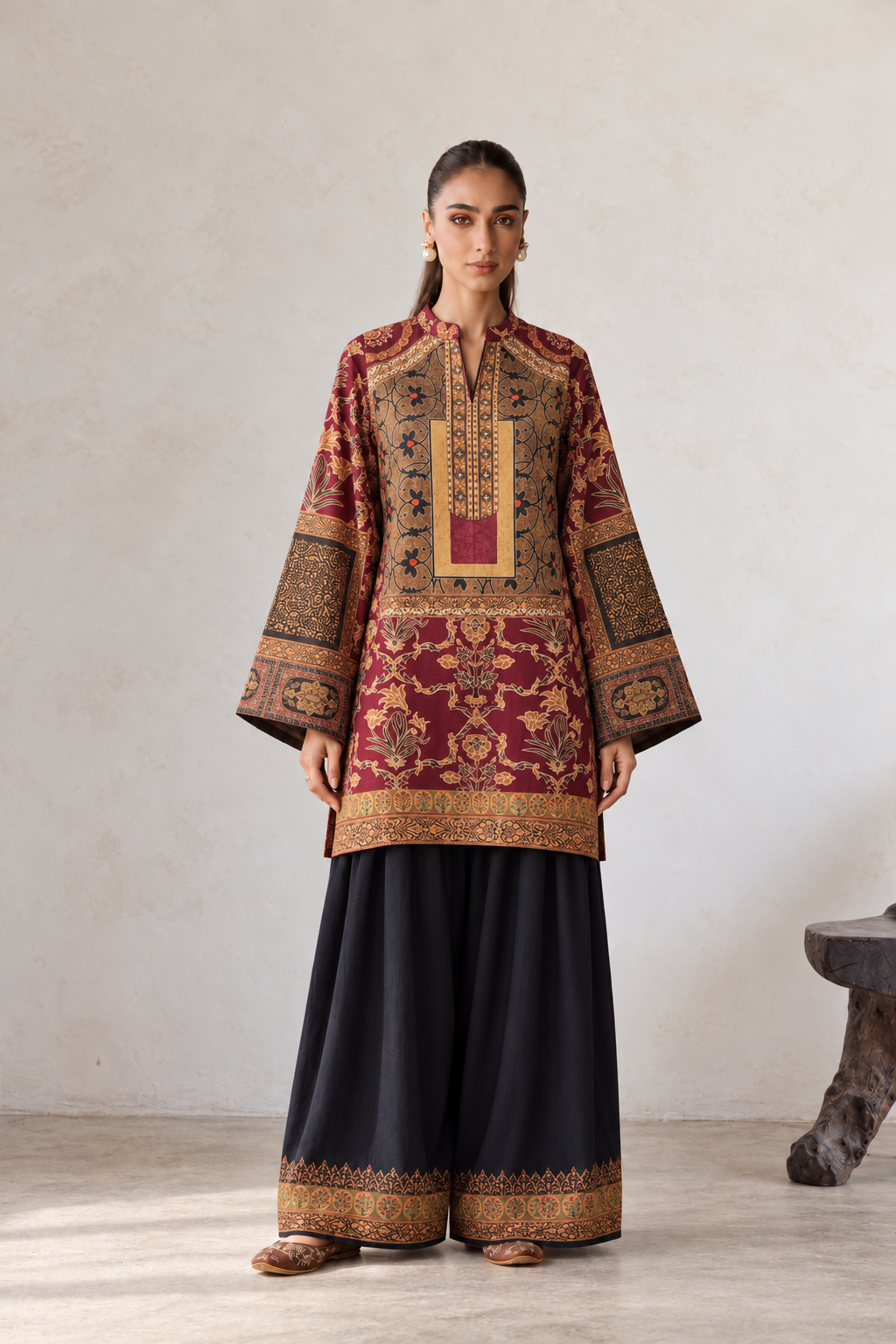 Maroon V-Neck Persian Arabesque Print Farshi Salwar Suit Co-ord Set For Women