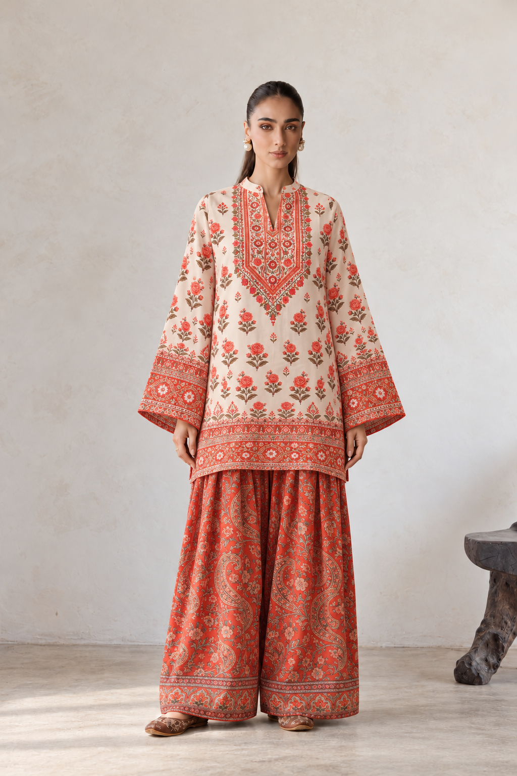 Orange Floral Booti Print V-Neck Kurta With Paisley Farshi Salwar Co-Ord Set For Women