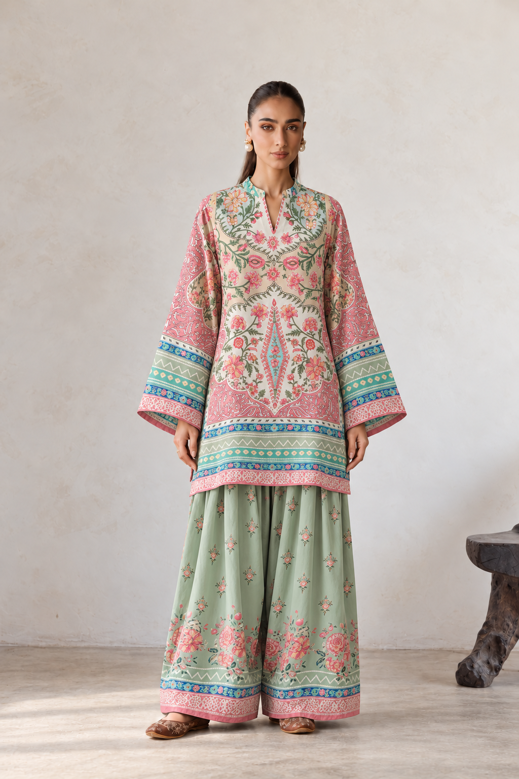 Sea Green Floral & Paisley Print V-Neck Farshi Salwar Suit Co-Ord Set For Women
