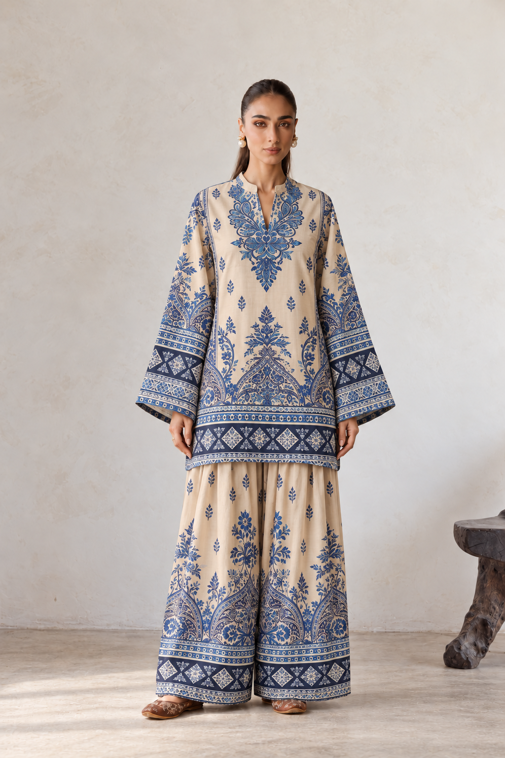 Indigo Blue Medallion Arch Print V-Neck Kurta With Matching Farshi Palazzo Co-Ord Set