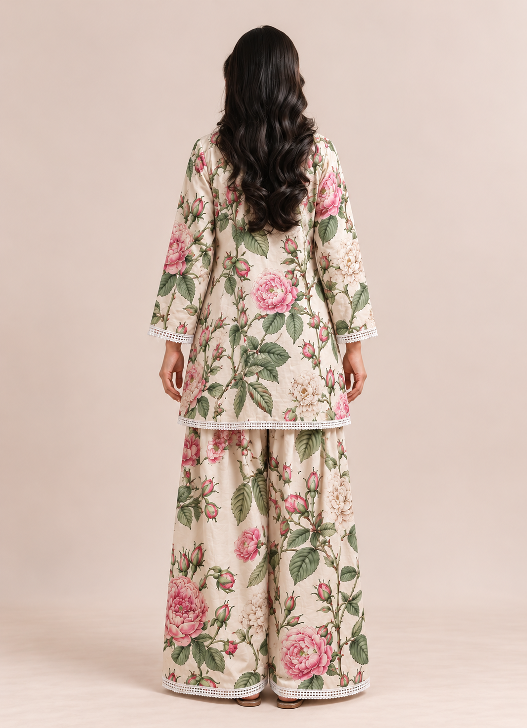 White Floral Print V-Neck Farshi Tunic & Palazzo Co-Ord Set For Women