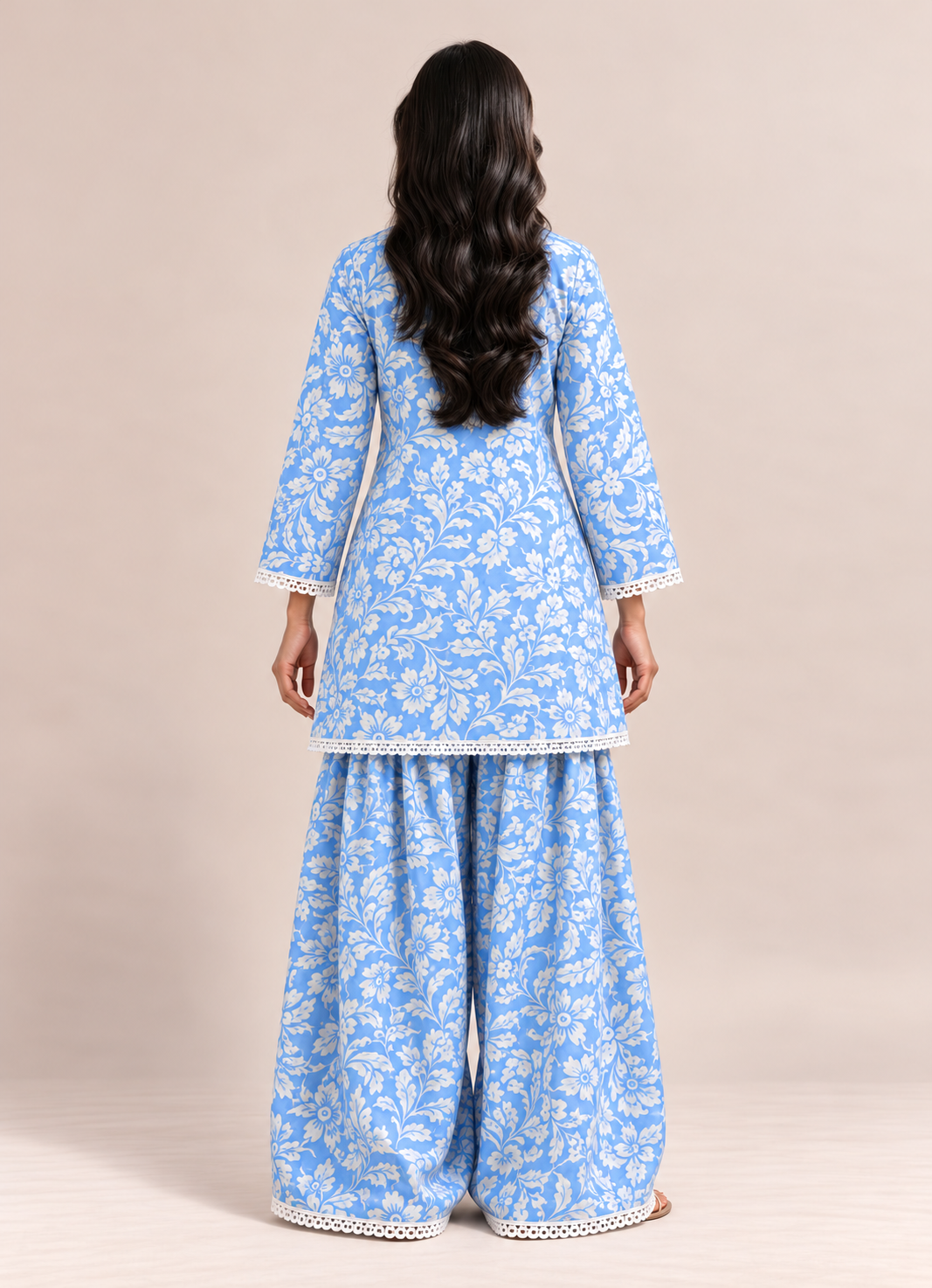 Powder Blue Floral Print  V-Neck Farshi Style Tunic & Palazzo Co-Ord Set For Women