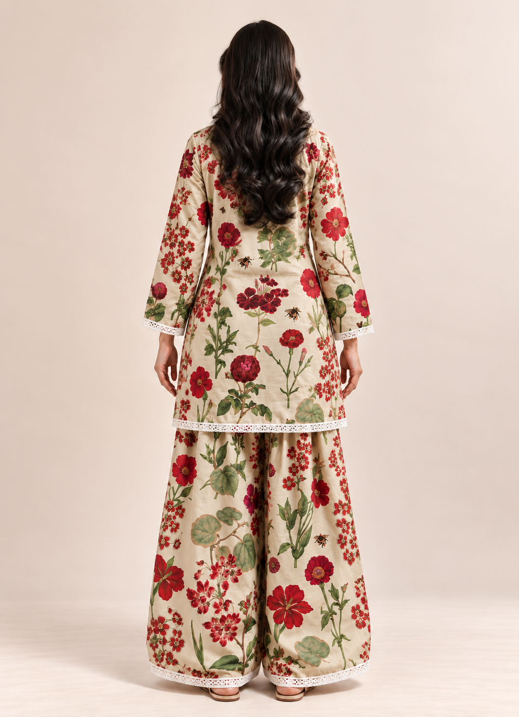 Beige Floral Print  V-Neck Farshi Co-Ord Set For Women