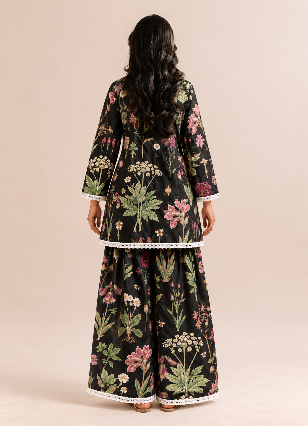 Black Floral Print Farshi Style V-Neck Tunic & Palazzo Co-Ord Set For Women