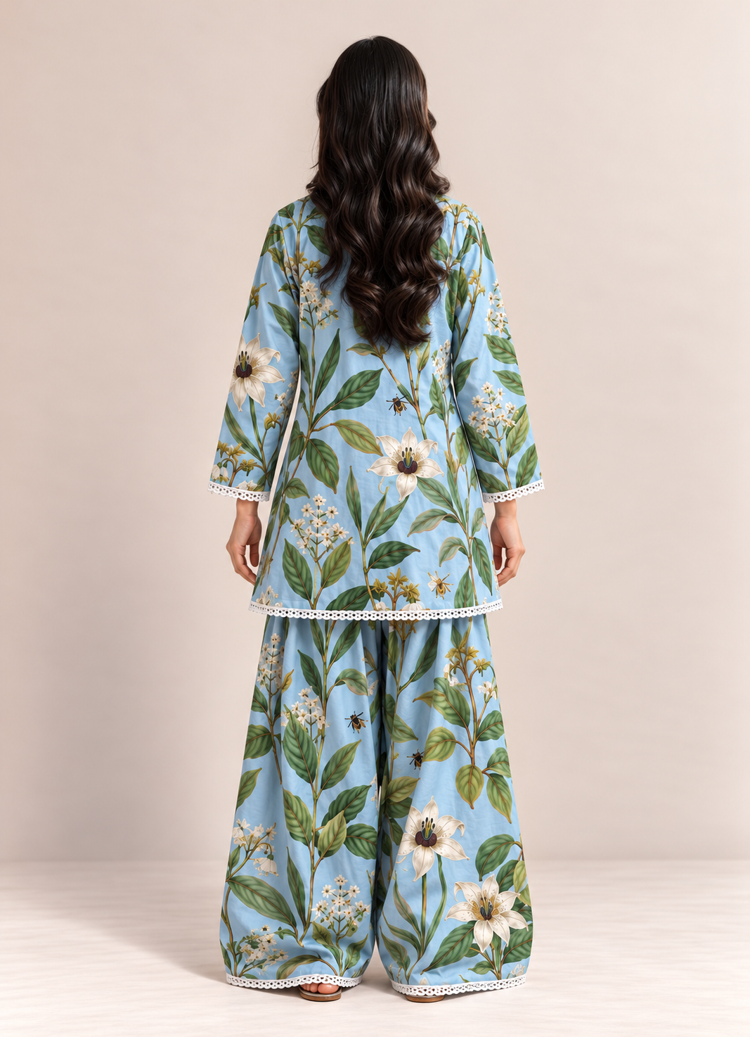 Sky Blue Floral Print Farshi Style V-Neck Tunic & Palazzo Co-Ord Set For Women