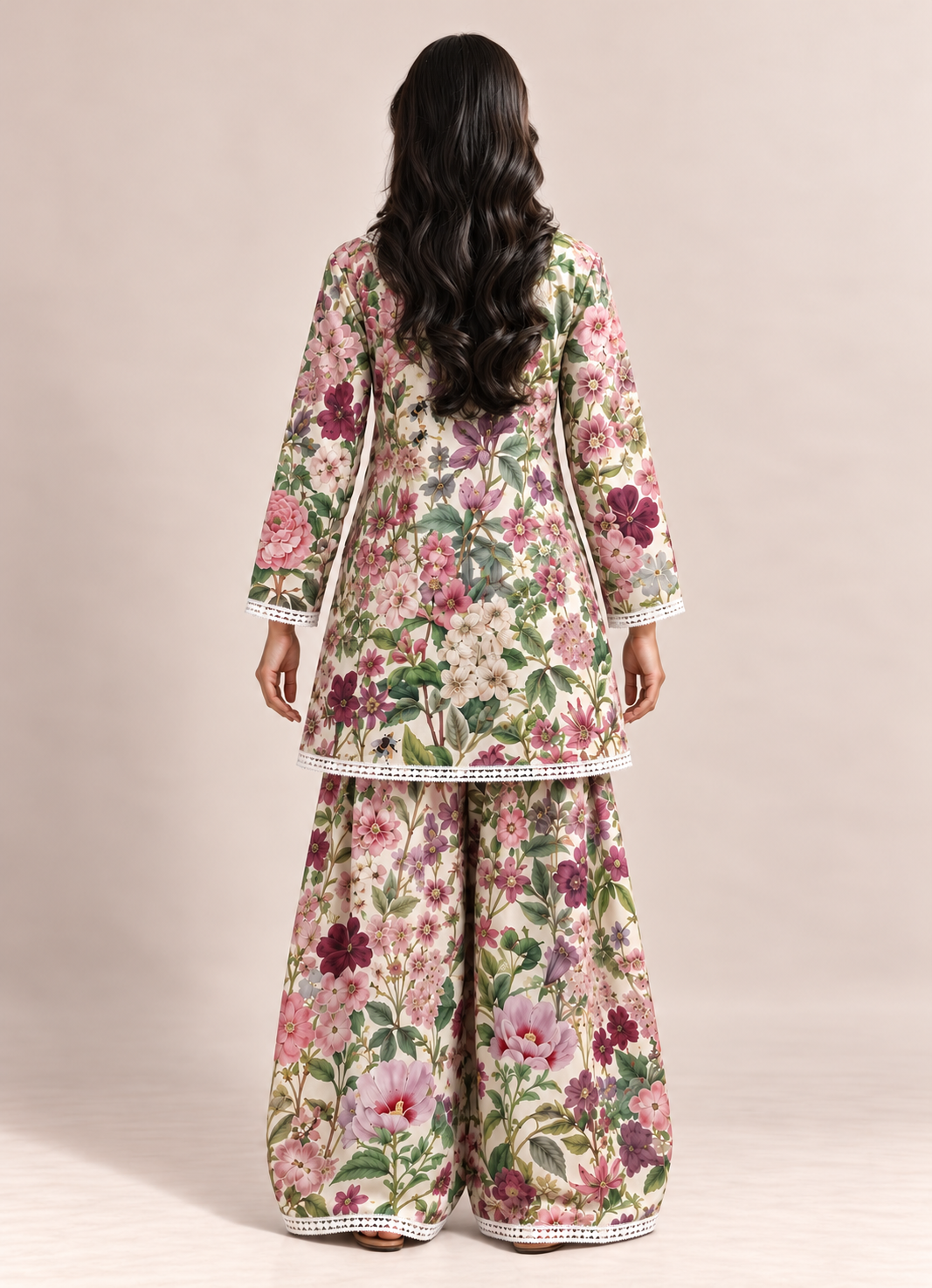 Off-White Multi-Floral Print Farshi Style V-Neck Tunic & Palazzo Co-Ord Set