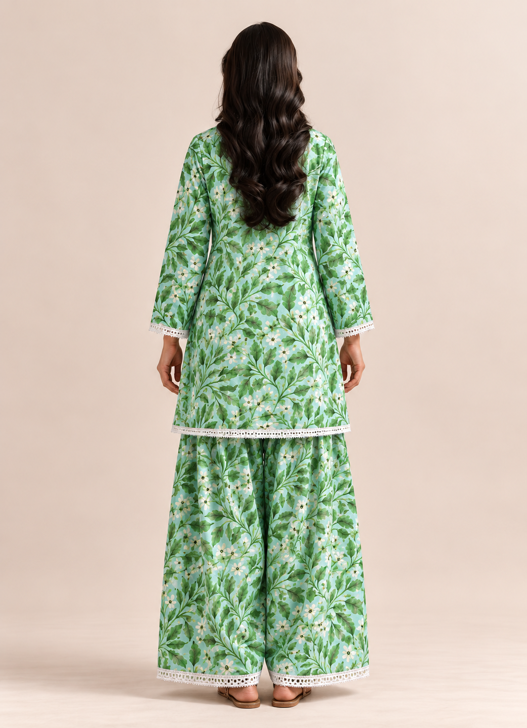 Mint Green Floral & Leaf Print Farshi Style V-Neck Tunic & Palazzo Co-Ord Set For Women
