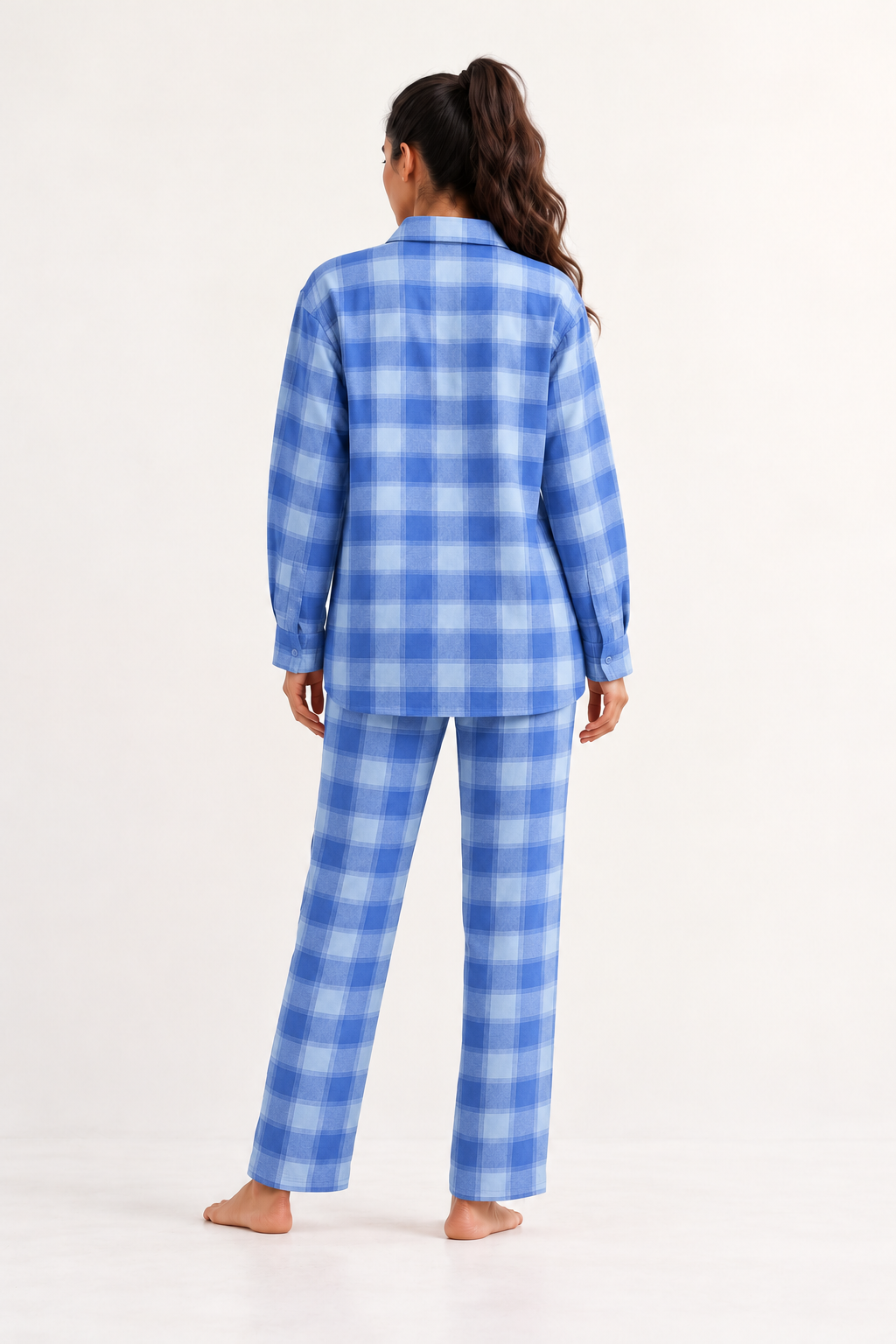 Blue Shirt Collar Checked Cozy Cashmere Night Suit For Women