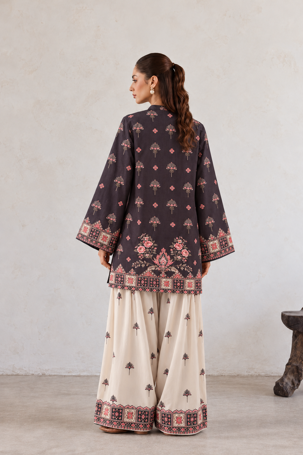 Midnight Black Printed V-Neck Kurta With Wide-Leg Farshi Salwar Co-Ord Set For Women