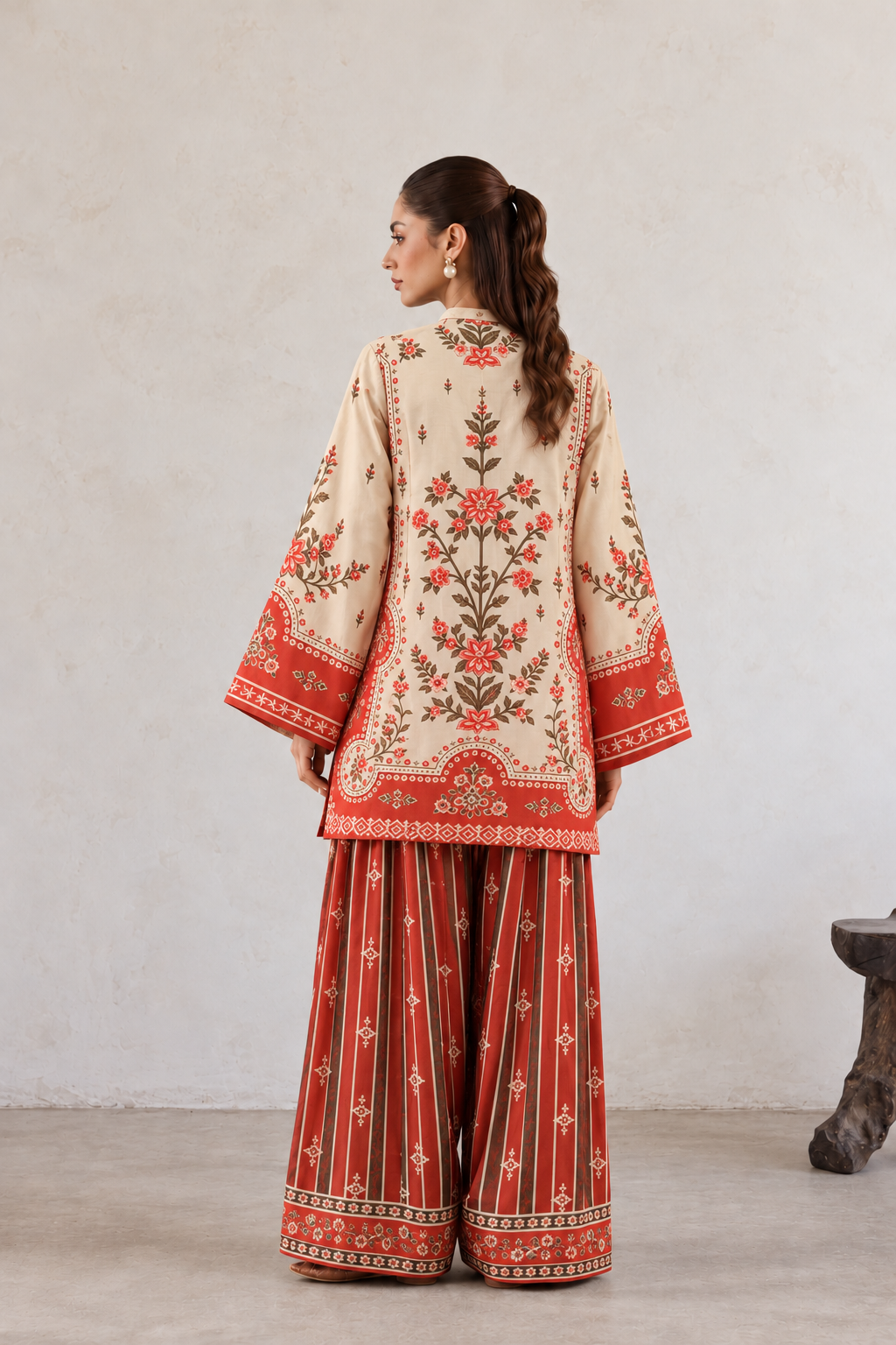 Red Tree Print V-Neck Suit With Striped Farshi Salwar Co-Ord Set For Women