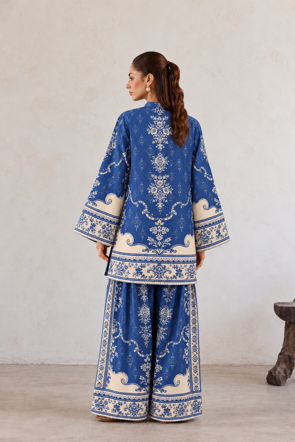 Blue & Ivory Porcelain Arch Print V-Neck Kurta With Flared Farshi Salwar Co-Ord Set For Women