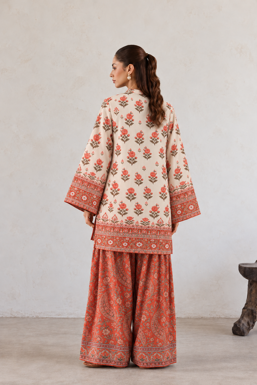 Orange Floral Booti Print V-Neck Kurta With Paisley Farshi Salwar Co-Ord Set For Women